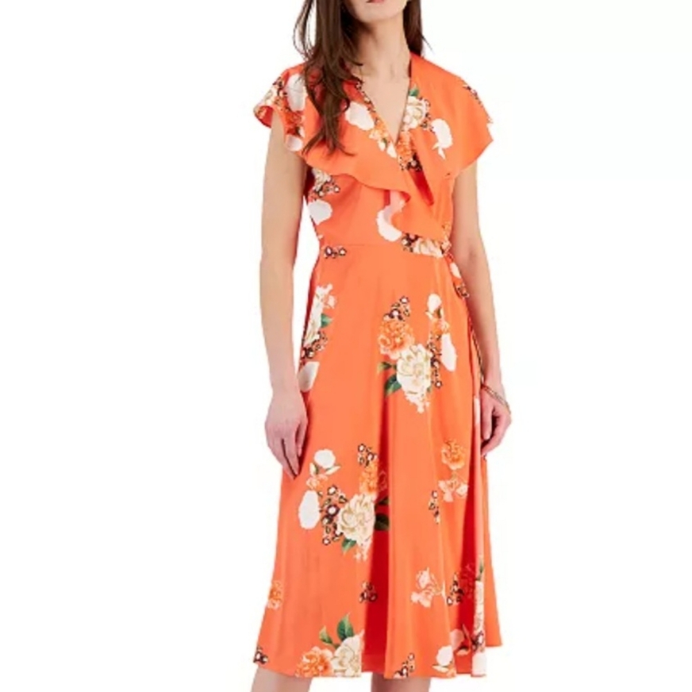 INC International Concepts Orange Floral Midi Wrap Dress